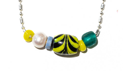 Bahia SS necklace close-up – African bead and pearl detail on sterling silver chain – Low Tide LA