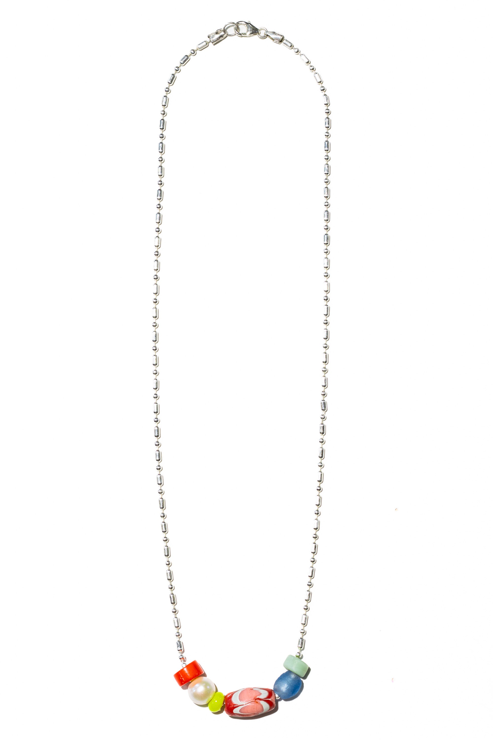 Pavones sterling silver necklace – African trade bead, freshwater pearl and coral – Low Tide LA handcrafted jewelry