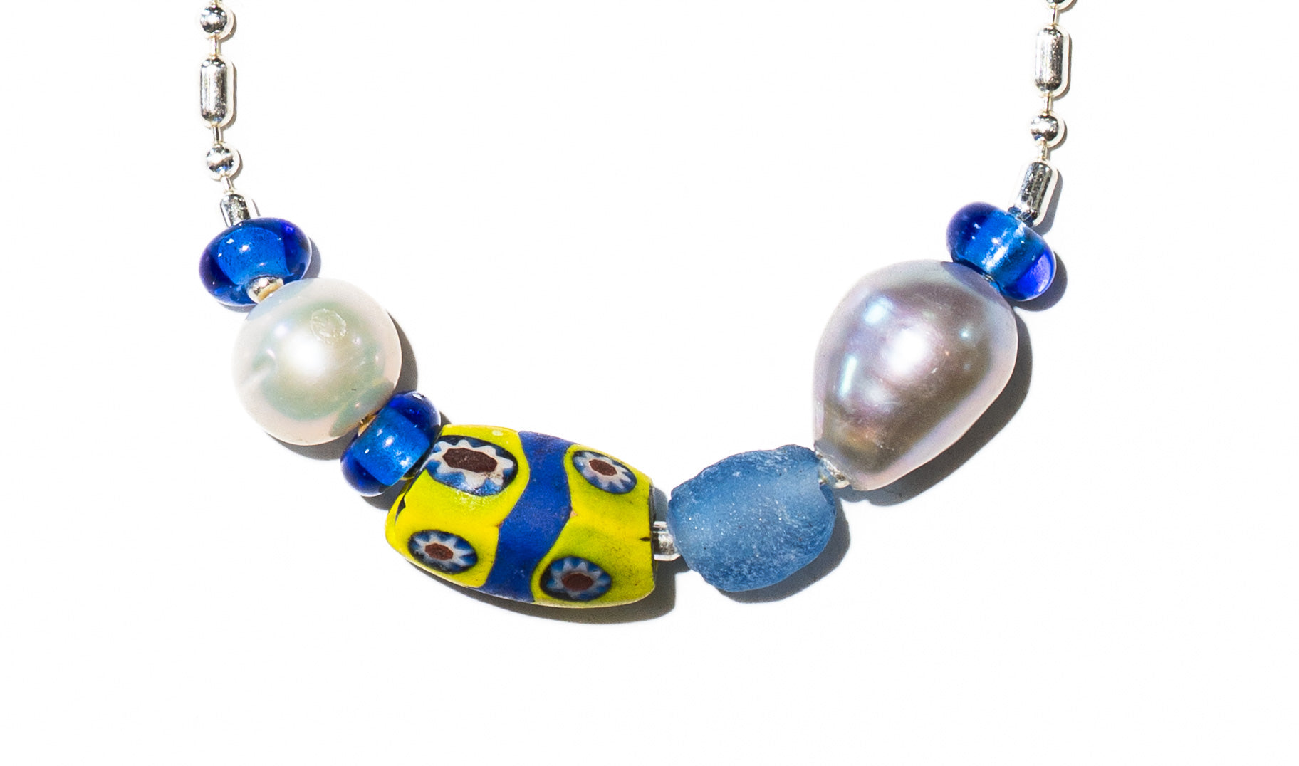 Bomba SS necklace close-up – African bead and pearl detail on sterling silver chain – Low Tide LA