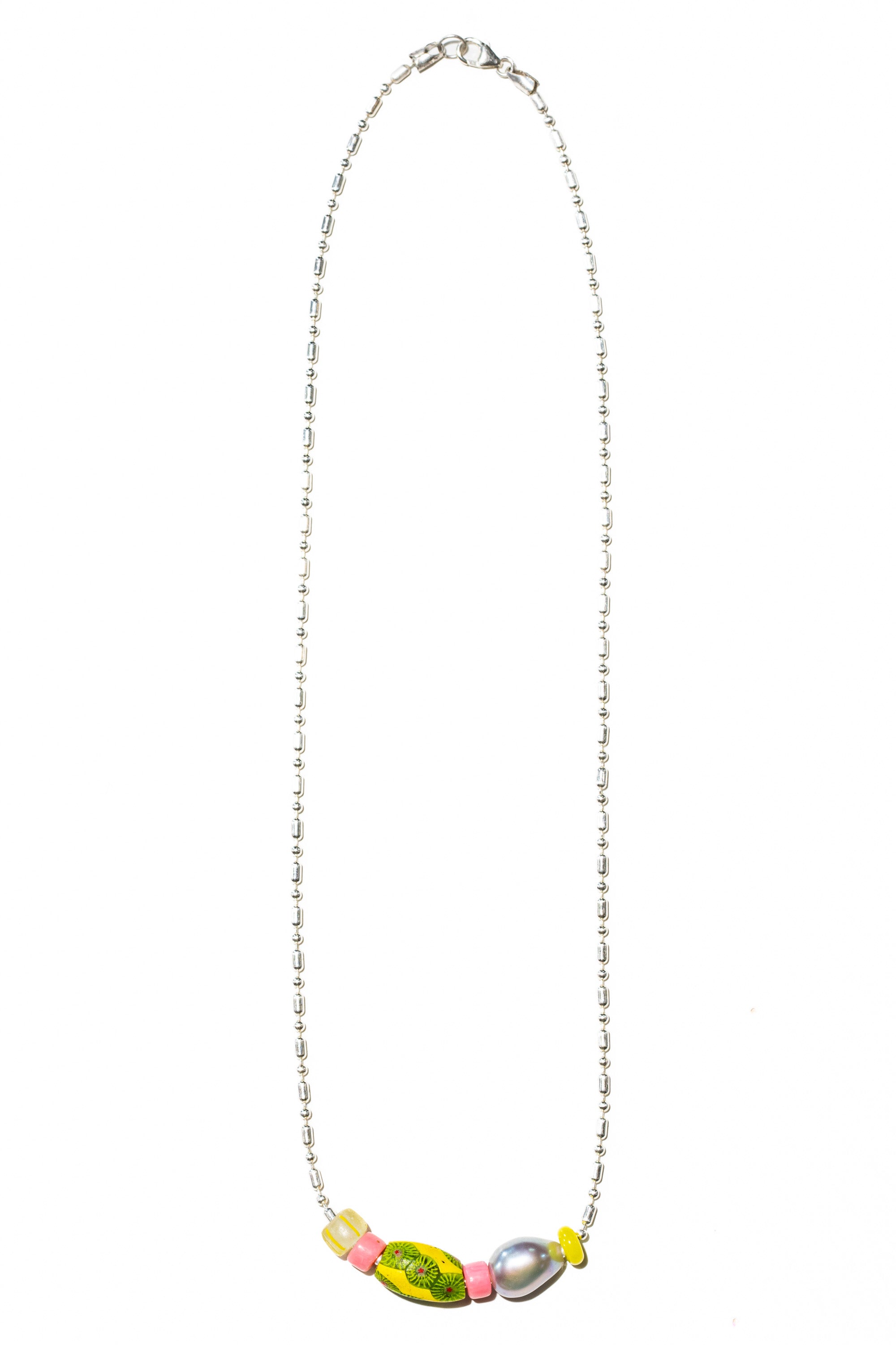 Hideaways sterling silver necklace – grey pearl, antique African bead and coral – Low Tide LA handcrafted jewelry