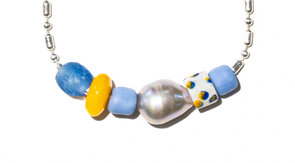 La Lancha SS necklace close-up – African bead and shell detail on sterling silver chain – Low Tide LA