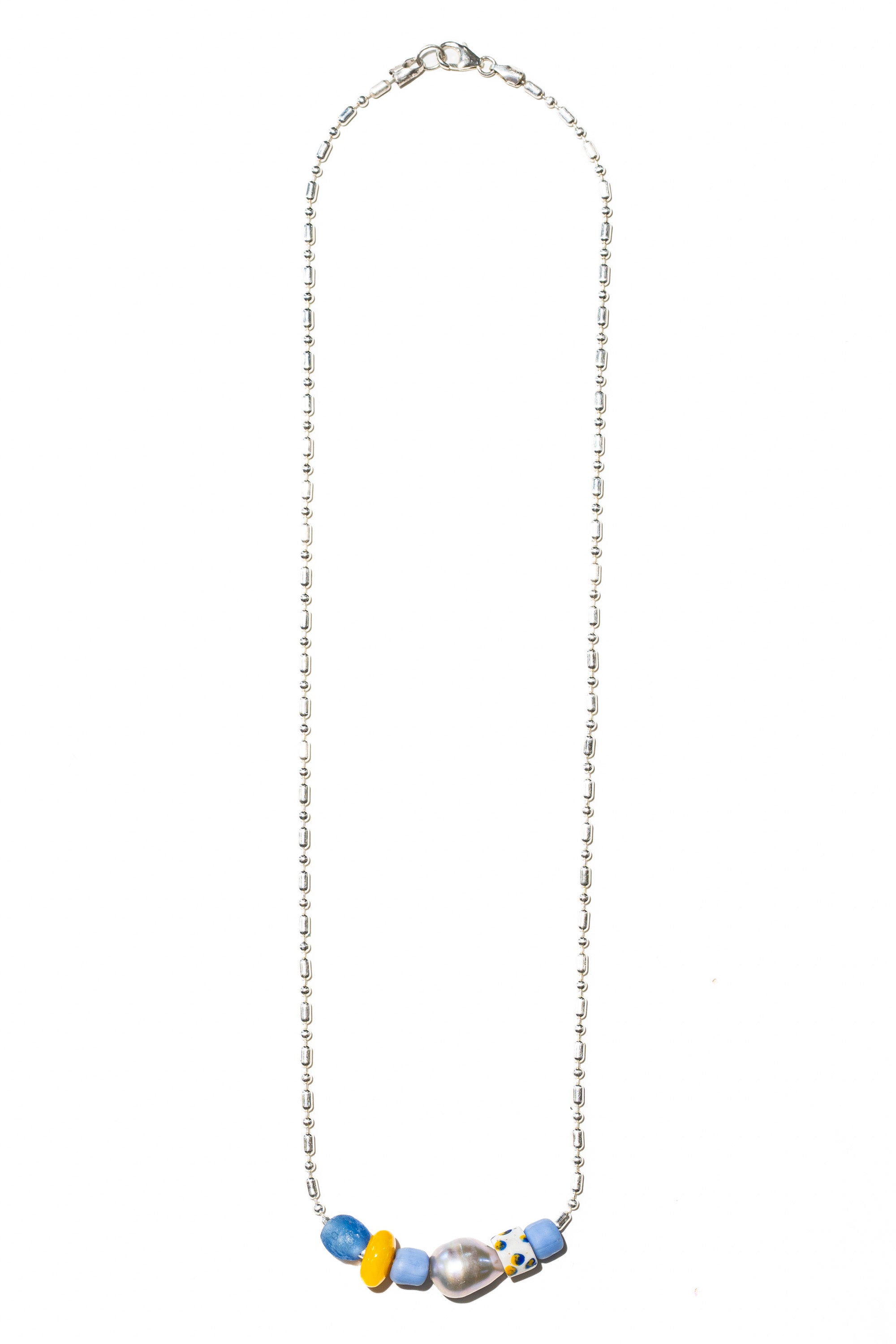 La Lancha sterling silver necklace – spotted African trade bead, grey pearl and Trochidae shell – Low Tide LA handcrafted jewelry