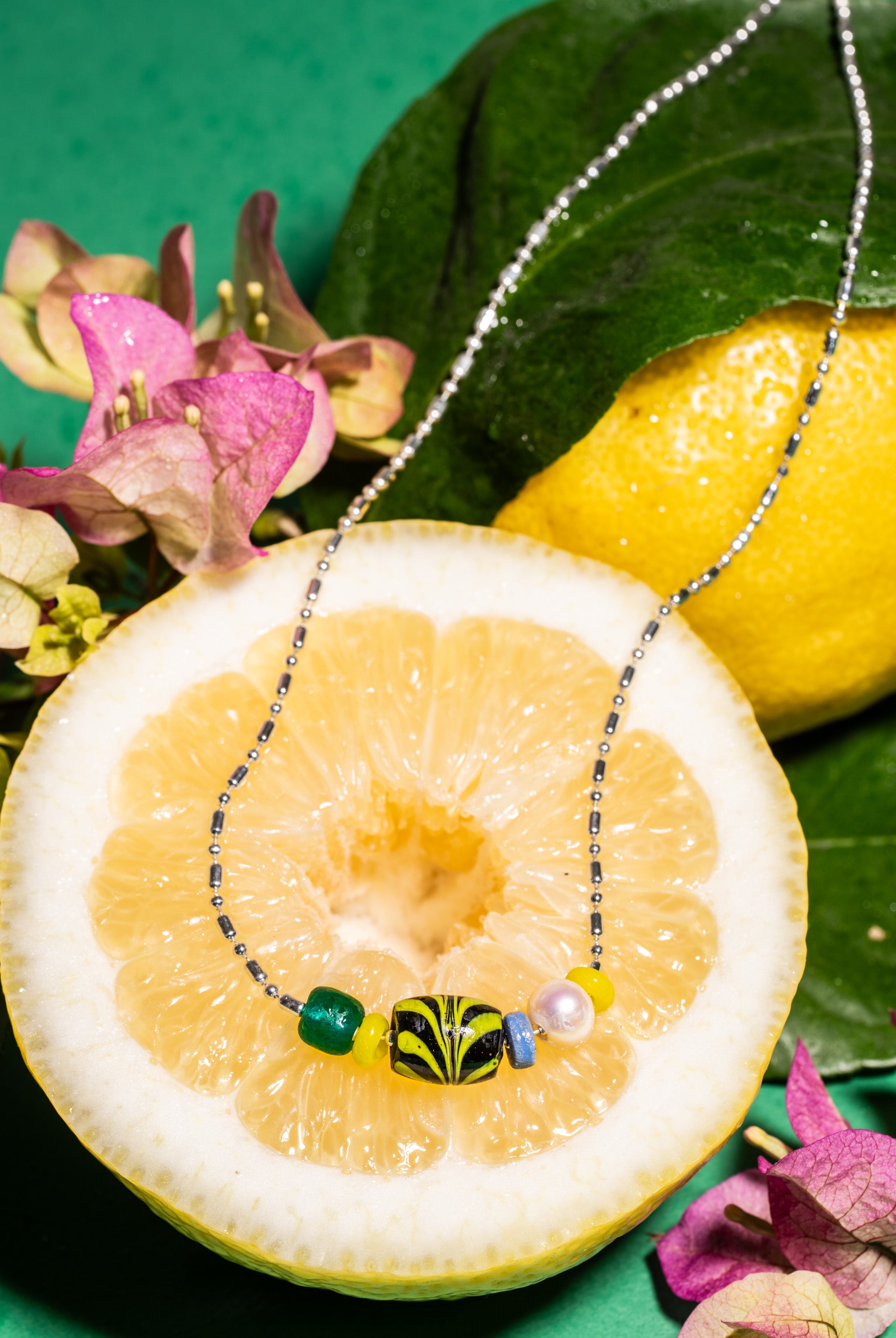 Bahia SS handcrafted sterling silver necklace worn – surf-inspired beach jewelry – Low Tide LA