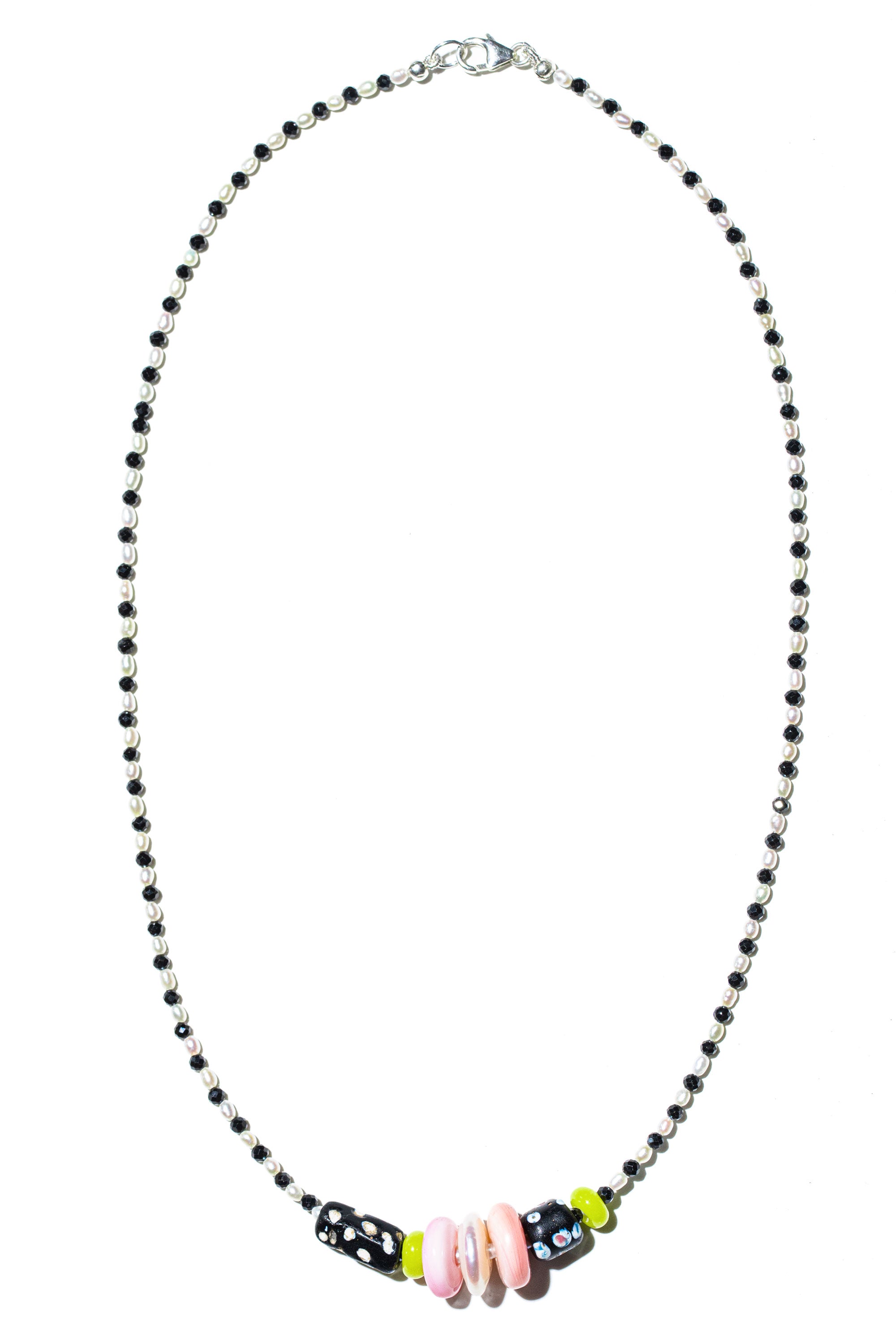 Costa Chica beaded necklace – pearl, onyx, vintage African bead and pink conch shell – Low Tide LA handcrafted jewelry