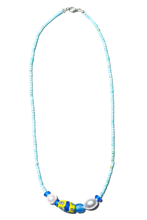 Bomba beaded necklace – turquoise heishi, antique African bead and freshwater pearl – Low Tide LA handcrafted jewelry