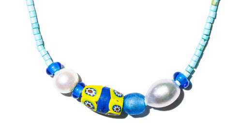 Bomba necklace close-up – turquoise heishi and grey pearl bead detail – Low Tide LA handcrafted jewelry