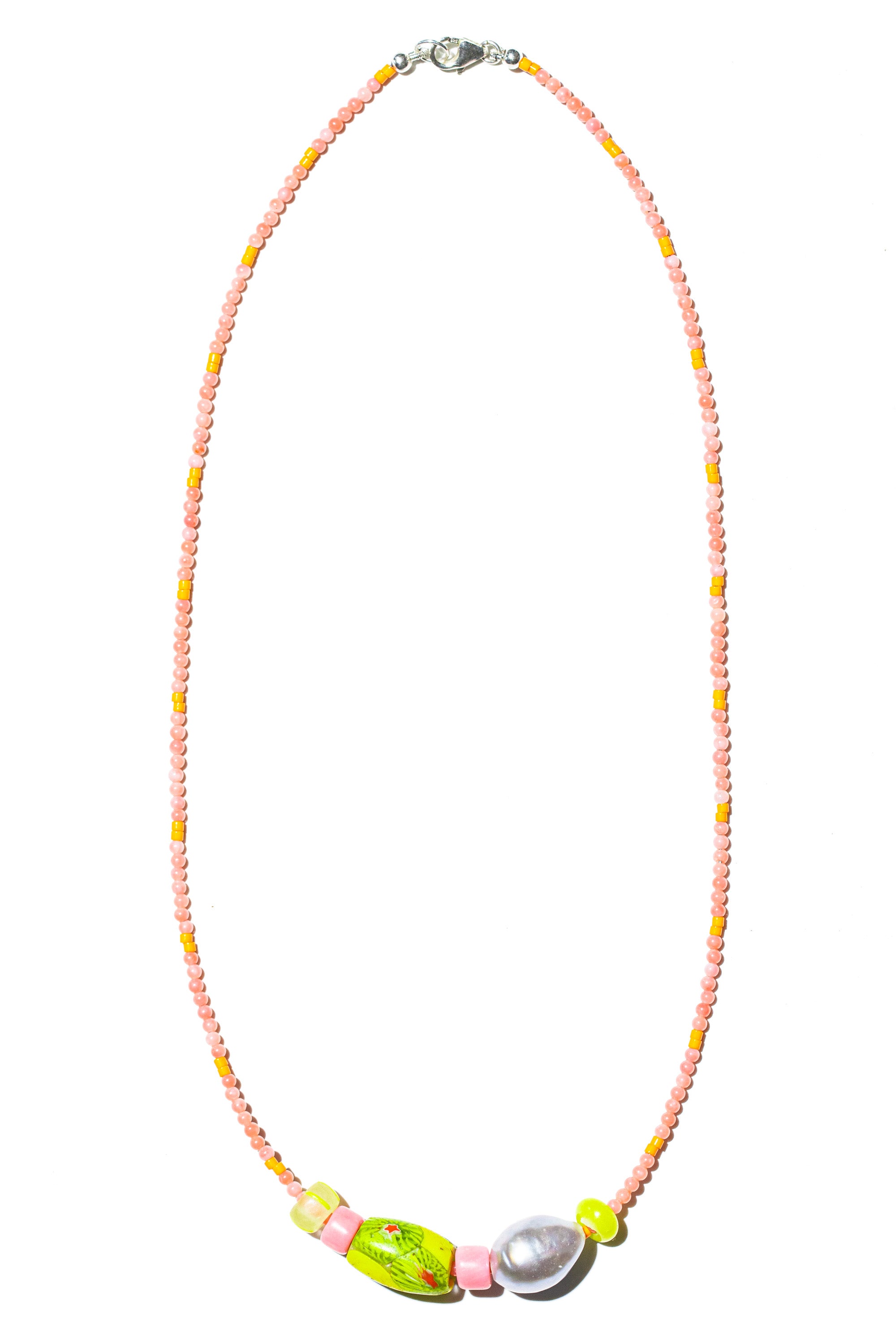 Hideaways beaded necklace – pink coral, seed beads, grey pearl and African trade bead – Low Tide LA handcrafted jewelry