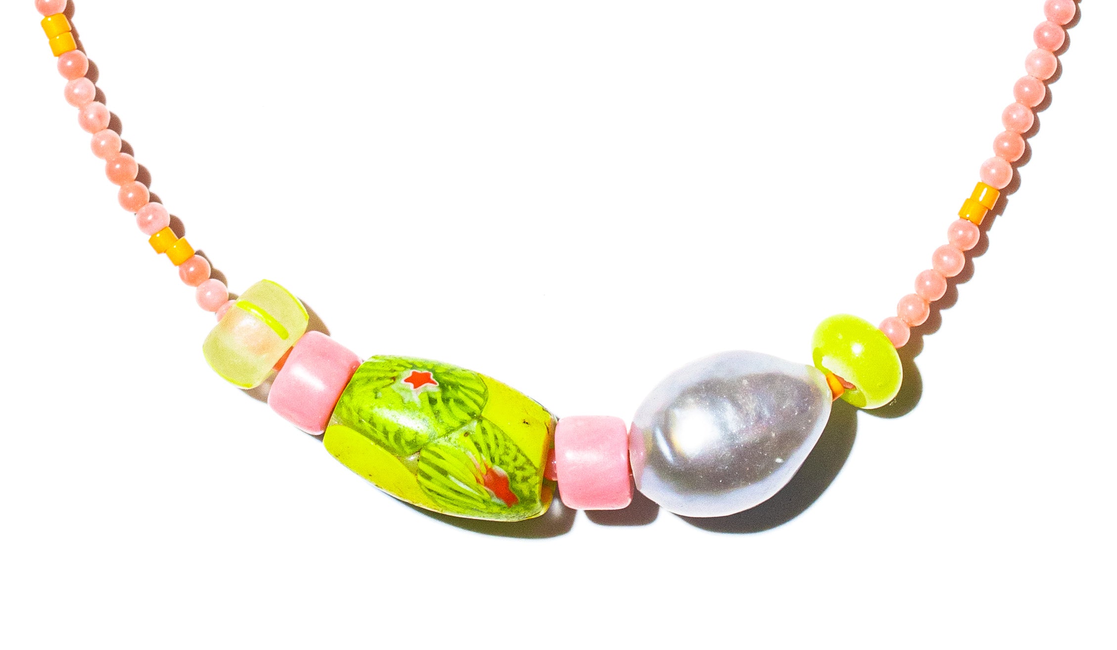 Hideaways necklace close-up – pink coral and seed bead detail – Low Tide LA handcrafted jewelry