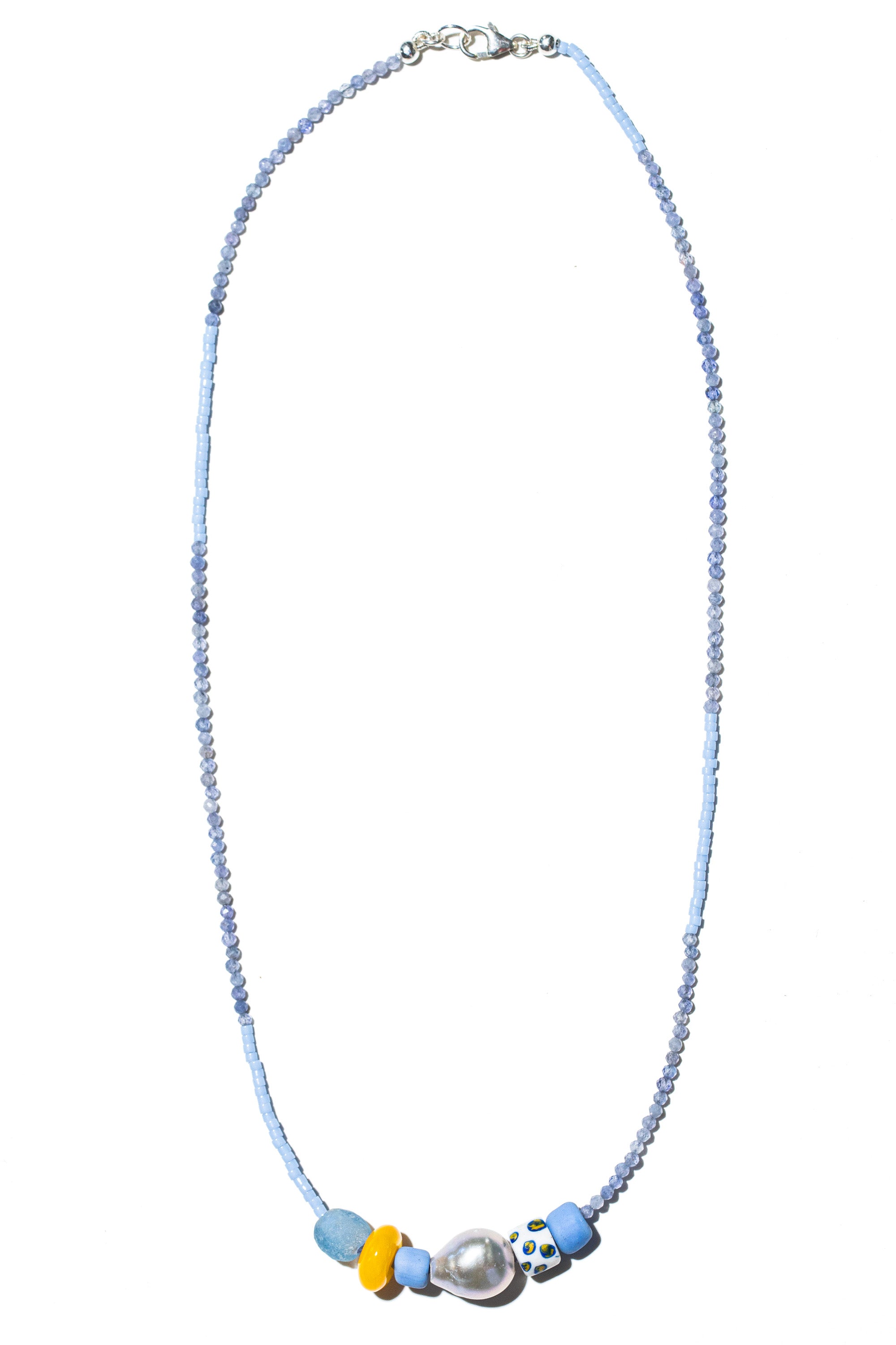 La Lancha beaded necklace – faceted tanzanite, seed beads and spotted African trade bead – Low Tide LA handcrafted jewelry