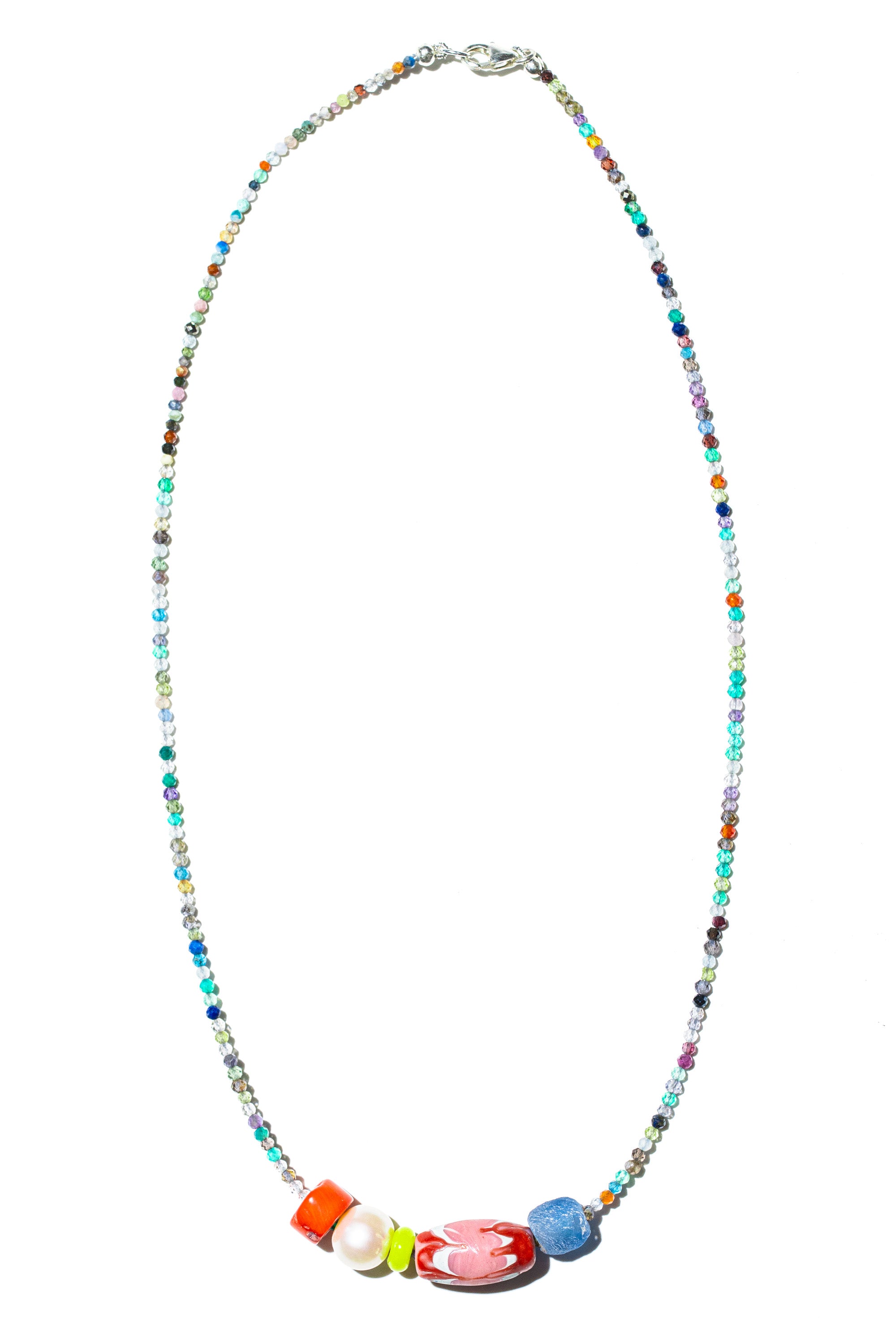 Pavones beaded necklace – semiprecious stones, African trade bead, coral and pearl – Low Tide LA handcrafted jewelry