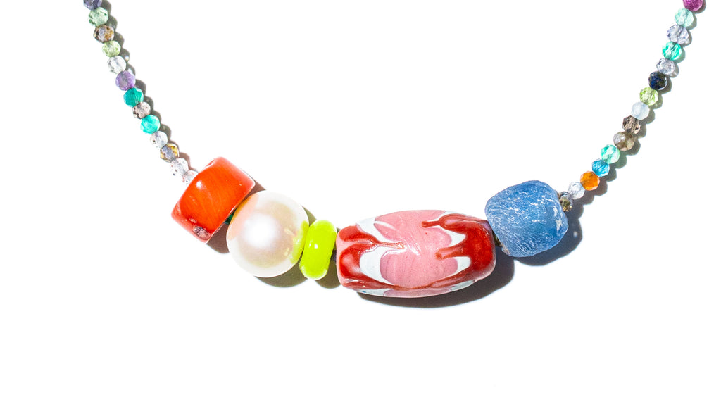 Pavones necklace close-up – mixed semiprecious stone and African bead detail – Low Tide LA handcrafted jewelry