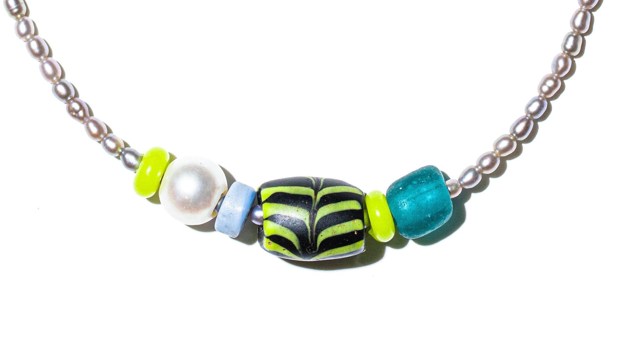 Bahia necklace close-up – seed pearl and antique African bead detail – Low Tide LA handcrafted jewelry